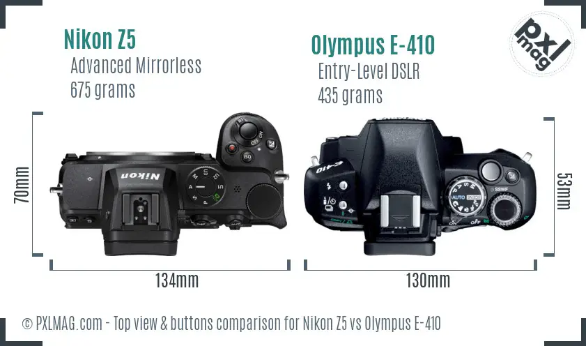 Nikon Z5 vs Olympus E-410 top view buttons comparison
