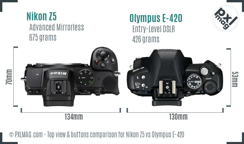 Nikon Z5 vs Olympus E-420 top view buttons comparison