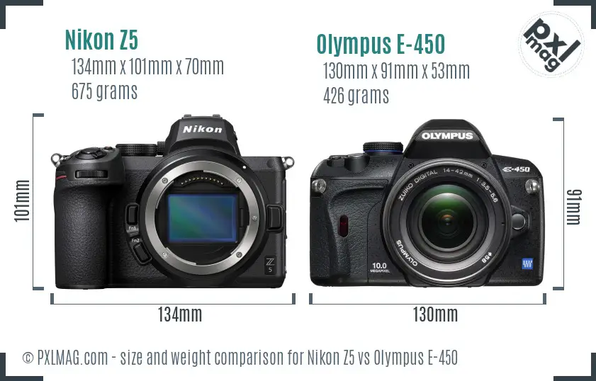 Nikon Z5 vs Olympus E-450 size comparison