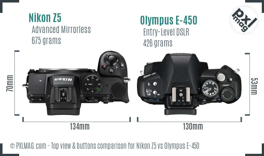 Nikon Z5 vs Olympus E-450 top view buttons comparison