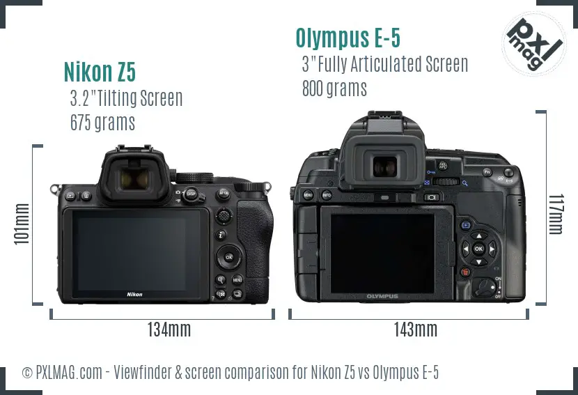 Nikon Z5 vs Olympus E-5 Screen and Viewfinder comparison