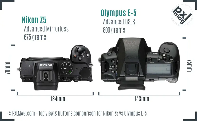 Nikon Z5 vs Olympus E-5 top view buttons comparison