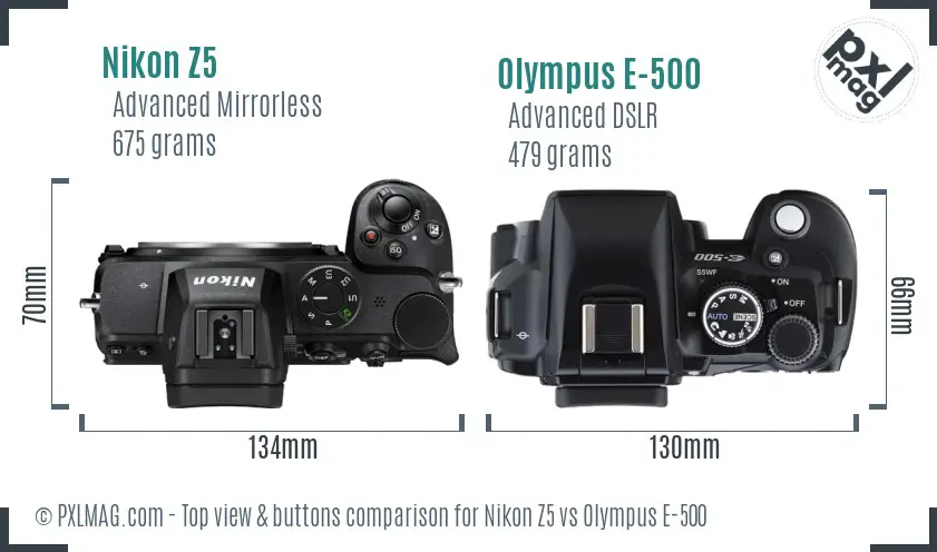 Nikon Z5 vs Olympus E-500 top view buttons comparison