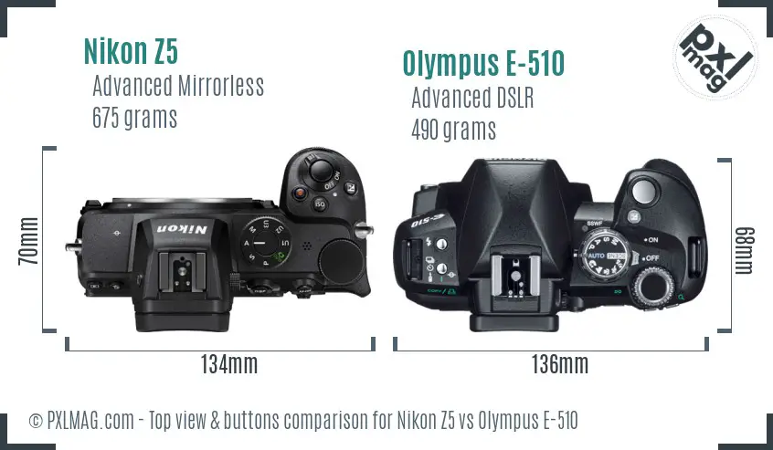Nikon Z5 vs Olympus E-510 top view buttons comparison