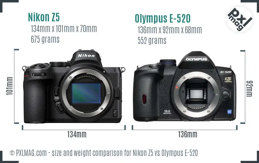 Nikon Z5 vs Olympus E-520 size comparison