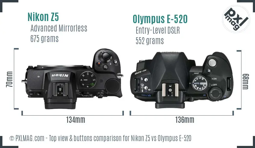Nikon Z5 vs Olympus E-520 top view buttons comparison