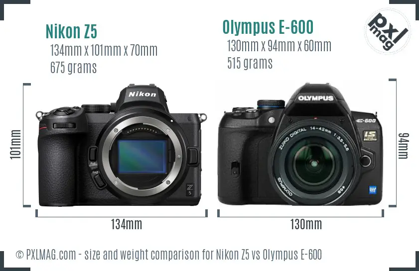 Nikon Z5 vs Olympus E-600 size comparison