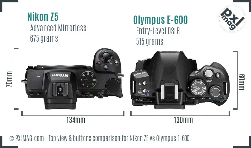 Nikon Z5 vs Olympus E-600 top view buttons comparison