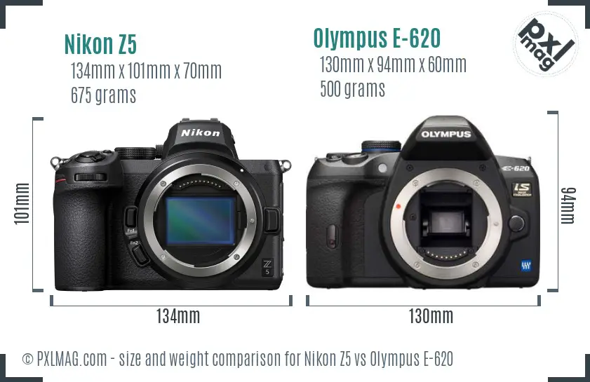Nikon Z5 vs Olympus E-620 size comparison