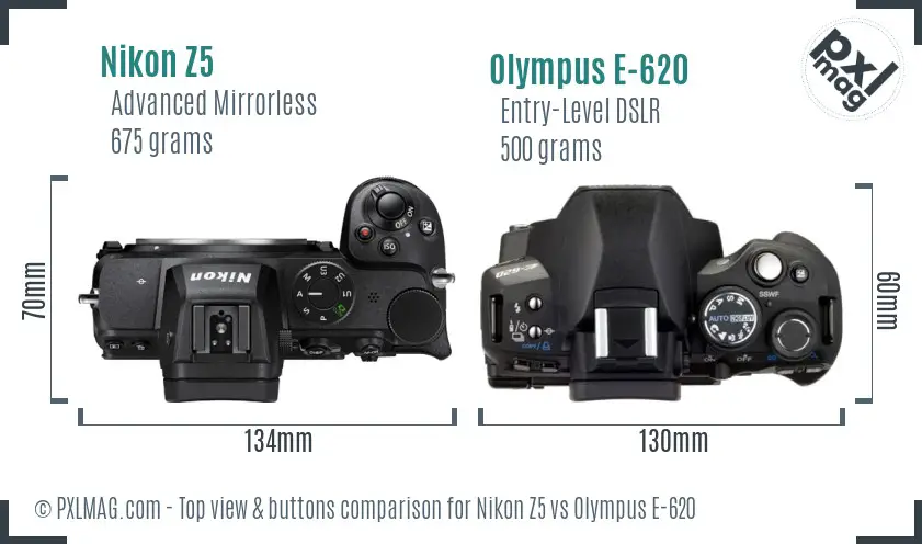 Nikon Z5 vs Olympus E-620 top view buttons comparison