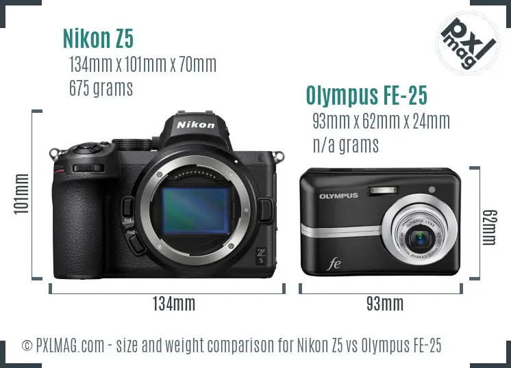 Nikon Z5 vs Olympus FE-25 size comparison