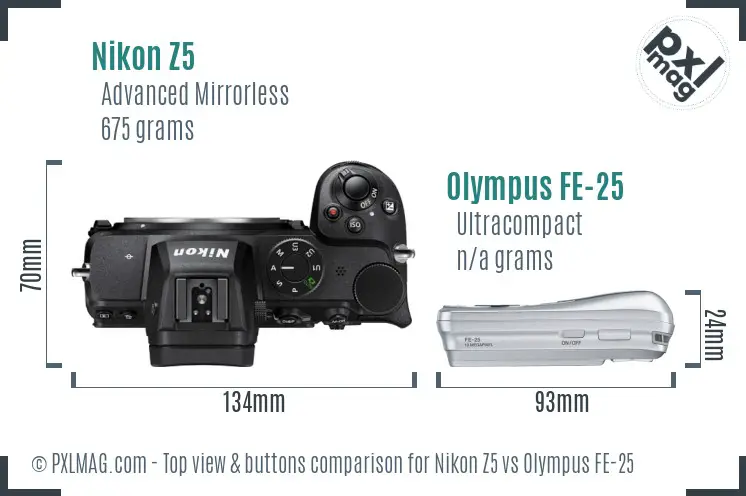 Nikon Z5 vs Olympus FE-25 top view buttons comparison