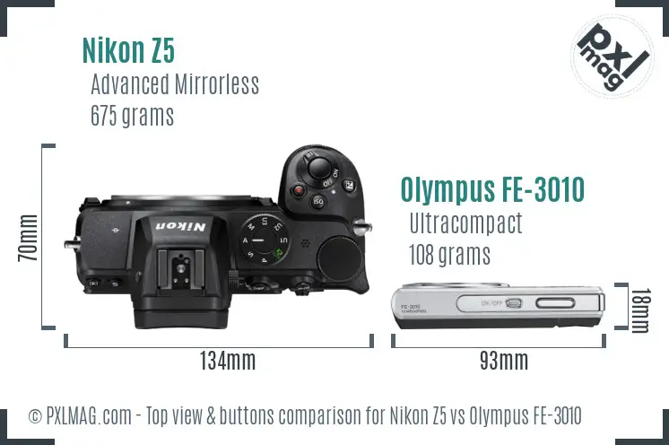 Nikon Z5 vs Olympus FE-3010 top view buttons comparison