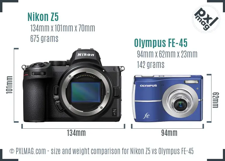 Nikon Z5 vs Olympus FE-45 size comparison