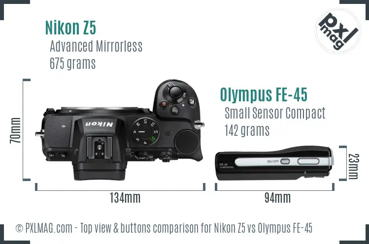 Nikon Z5 vs Olympus FE-45 top view buttons comparison