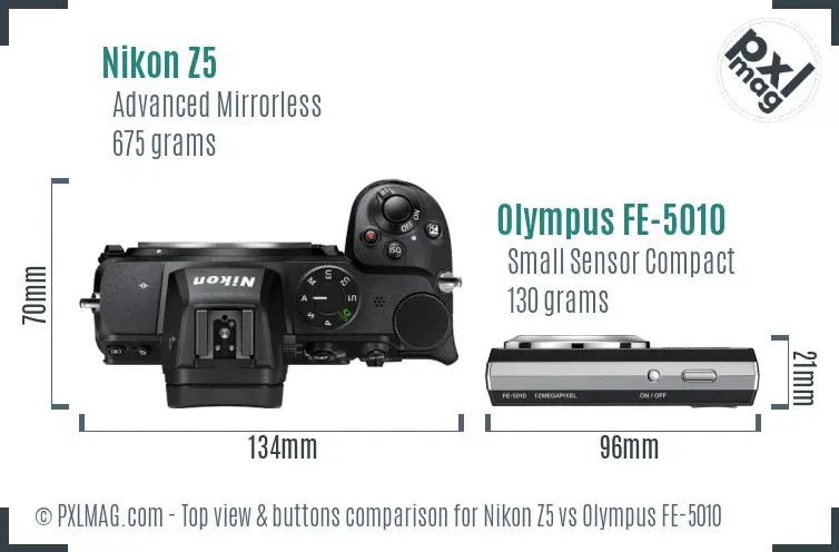 Nikon Z5 vs Olympus FE-5010 top view buttons comparison