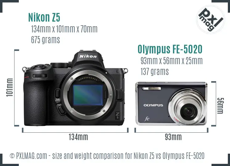 Nikon Z5 vs Olympus FE-5020 size comparison