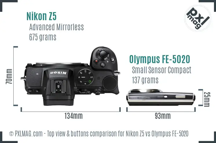 Nikon Z5 vs Olympus FE-5020 top view buttons comparison