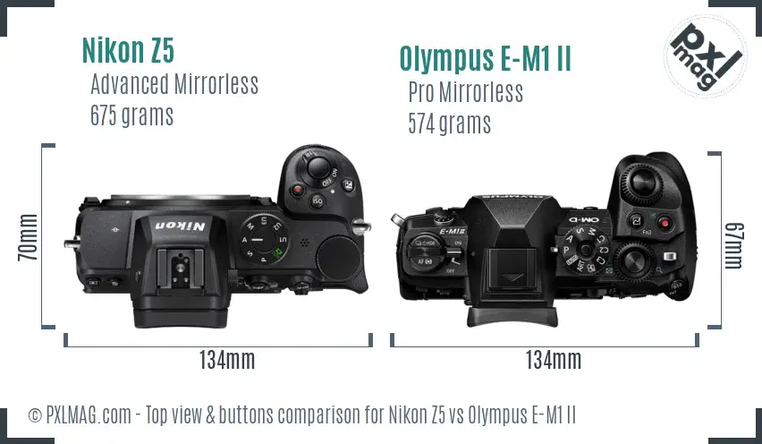 Nikon Z5 vs Olympus E-M1 II top view buttons comparison