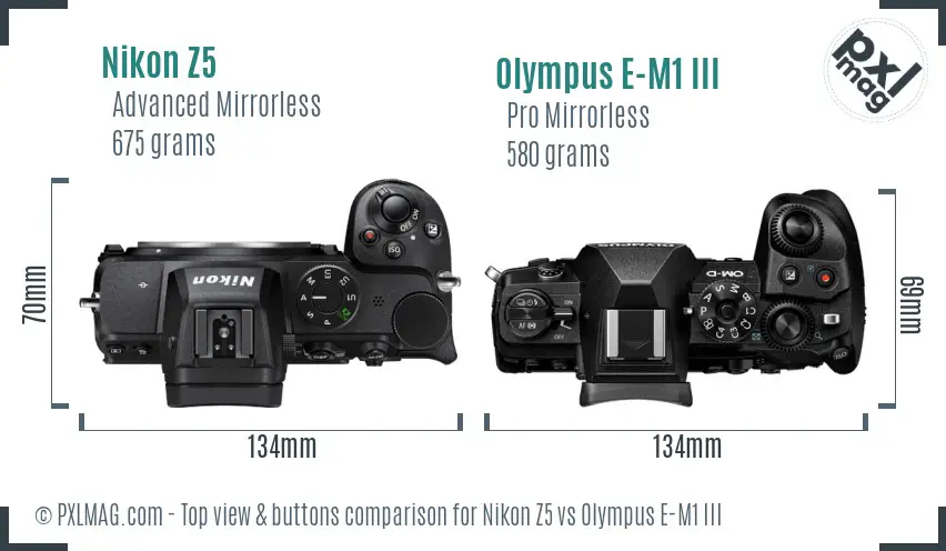Nikon Z5 vs Olympus E-M1 III top view buttons comparison