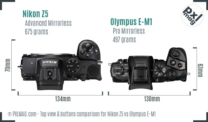 Nikon Z5 vs Olympus E-M1 top view buttons comparison