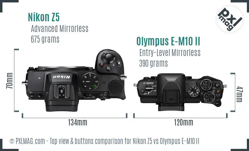 Nikon Z5 vs Olympus E-M10 II top view buttons comparison