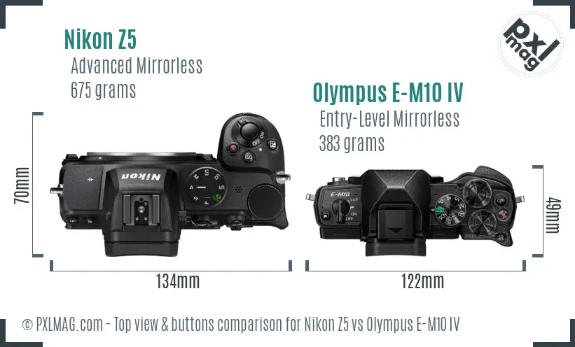 Nikon Z5 vs Olympus E-M10 IV top view buttons comparison