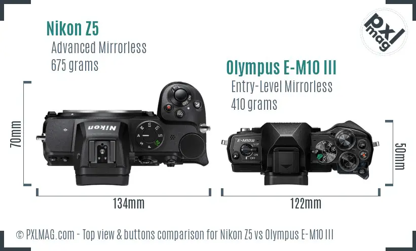 Nikon Z5 vs Olympus E-M10 III top view buttons comparison