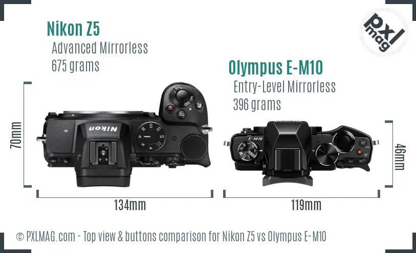 Nikon Z5 vs Olympus E-M10 top view buttons comparison