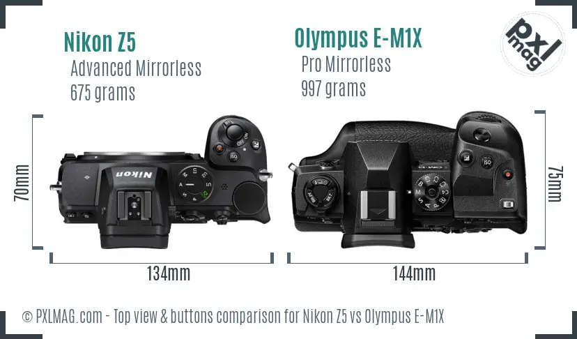 Nikon Z5 vs Olympus E-M1X top view buttons comparison