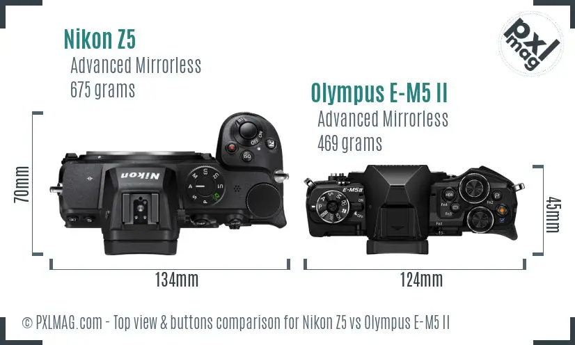 Nikon Z5 vs Olympus E-M5 II top view buttons comparison