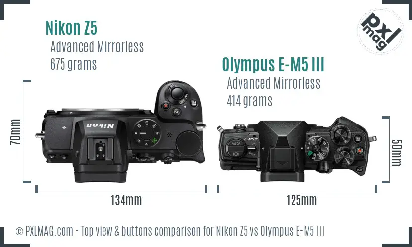 Nikon Z5 vs Olympus E-M5 III top view buttons comparison