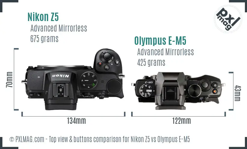 Nikon Z5 vs Olympus E-M5 top view buttons comparison