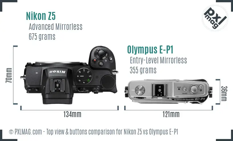 Nikon Z5 vs Olympus E-P1 top view buttons comparison
