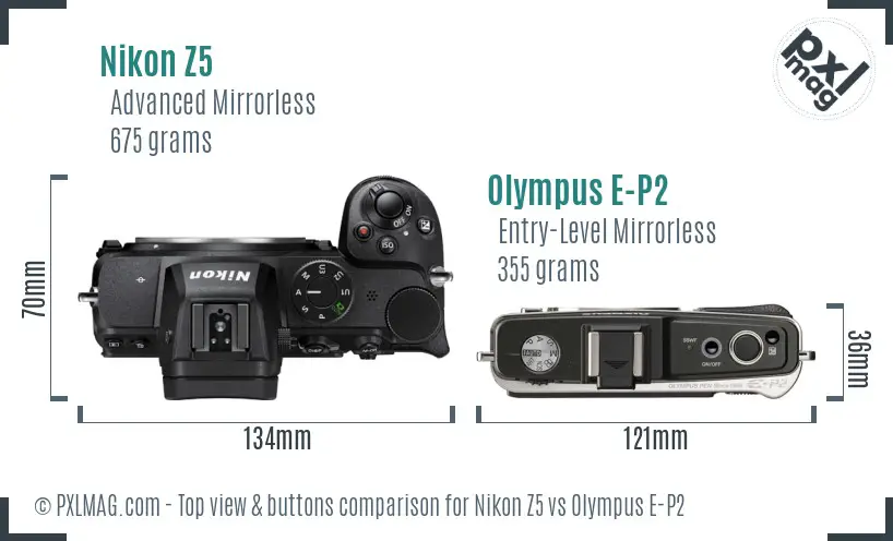 Nikon Z5 vs Olympus E-P2 top view buttons comparison