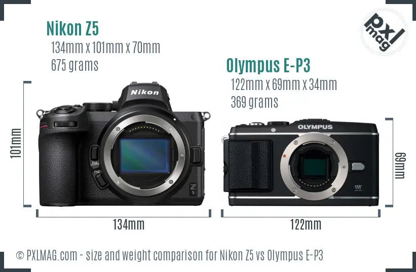 Nikon Z5 vs Olympus E-P3 size comparison