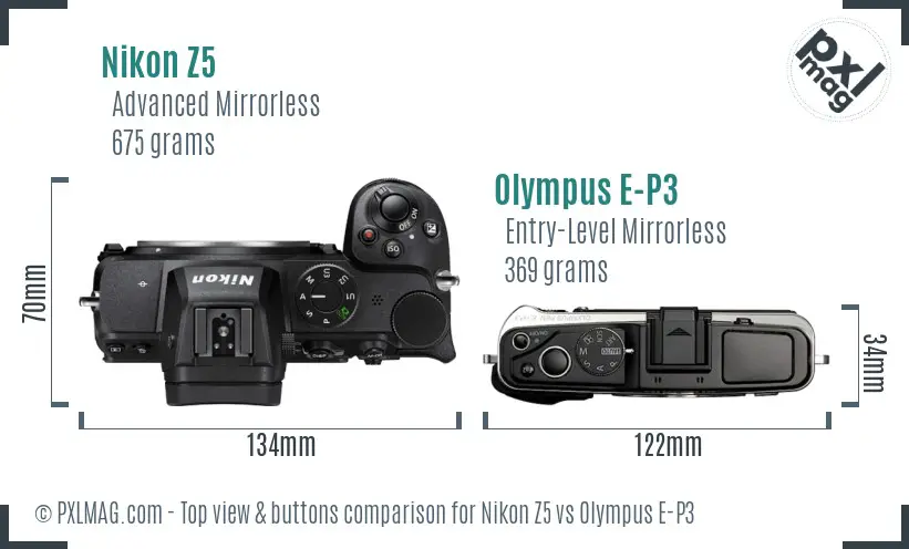 Nikon Z5 vs Olympus E-P3 top view buttons comparison