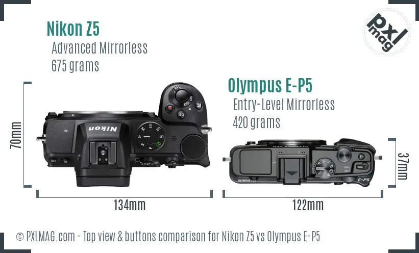Nikon Z5 vs Olympus E-P5 top view buttons comparison