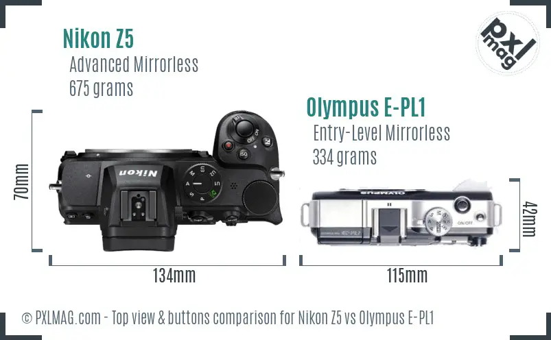 Nikon Z5 vs Olympus E-PL1 top view buttons comparison