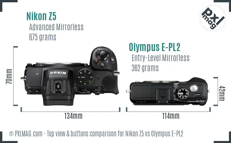 Nikon Z5 vs Olympus E-PL2 top view buttons comparison