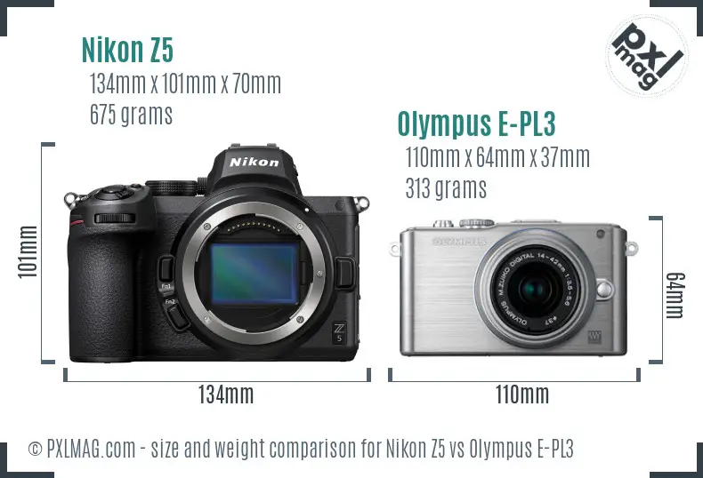 Nikon Z5 vs Olympus E-PL3 size comparison