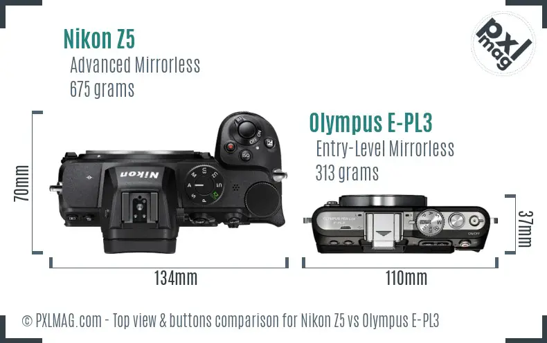 Nikon Z5 vs Olympus E-PL3 top view buttons comparison