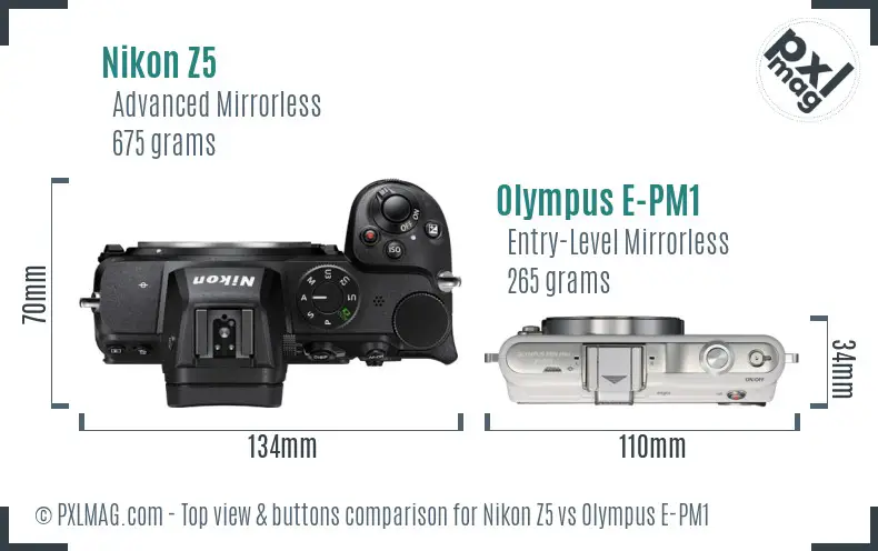 Nikon Z5 vs Olympus E-PM1 top view buttons comparison