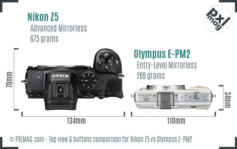 Nikon Z5 vs Olympus E-PM2 top view buttons comparison