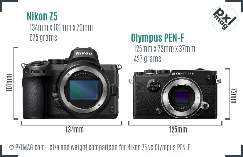 Nikon Z5 vs Olympus PEN-F size comparison