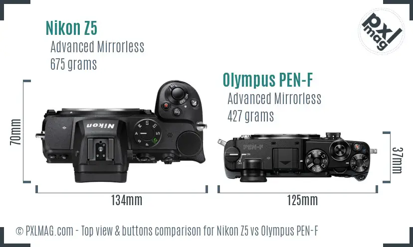 Nikon Z5 vs Olympus PEN-F top view buttons comparison