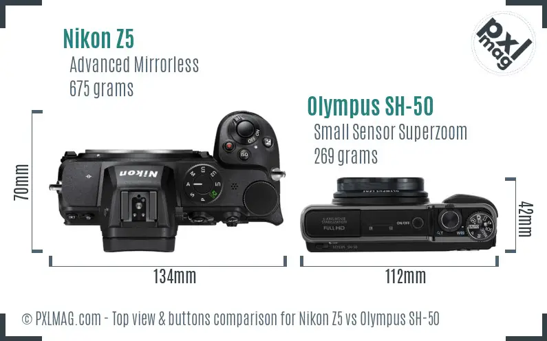 Nikon Z5 vs Olympus SH-50 top view buttons comparison