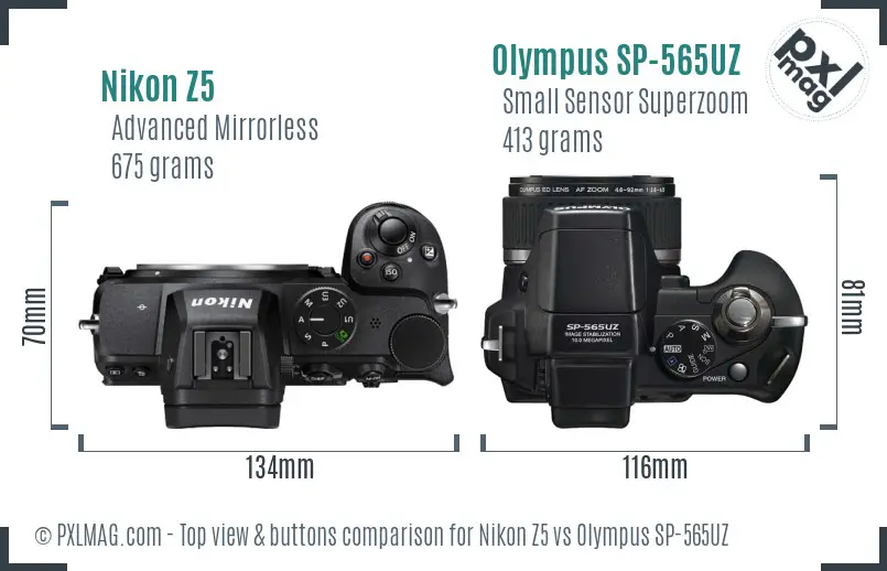 Nikon Z5 vs Olympus SP-565UZ top view buttons comparison