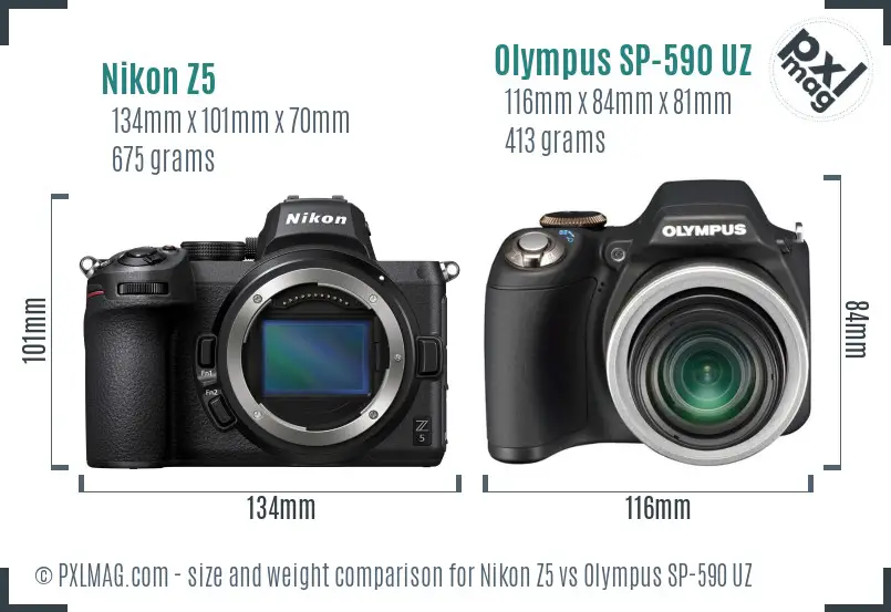 Nikon Z5 vs Olympus SP-590 UZ size comparison