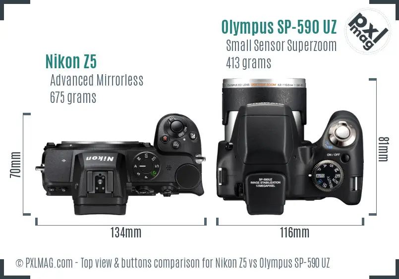 Nikon Z5 vs Olympus SP-590 UZ top view buttons comparison